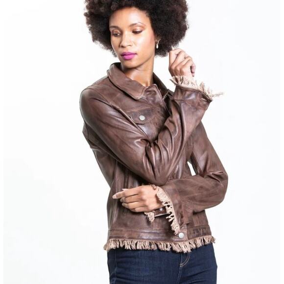 Jakett Alexa Jacket Washable Genuine Leather Fringe Patina Crop JKT NYC Brown S - Picture 7 of 9